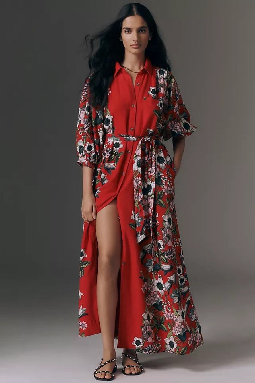 nwt ANTHROPOLOGIE MAEVE sz M The Mona linen maxi dress in red floral motif